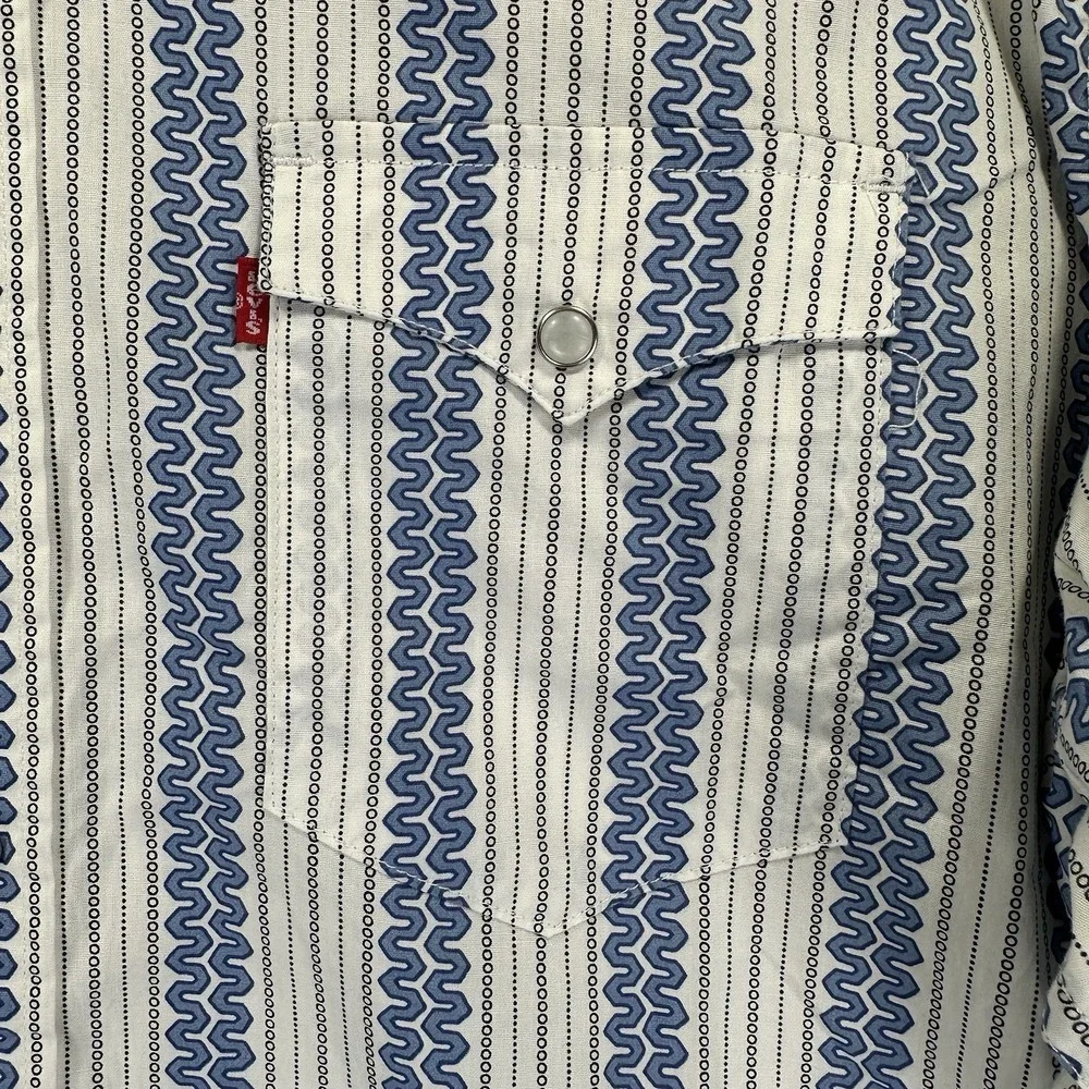 Levis Western Standard Fit Long Sleeve Pearl Snap Shirt Wave Print Blue XXL NEW